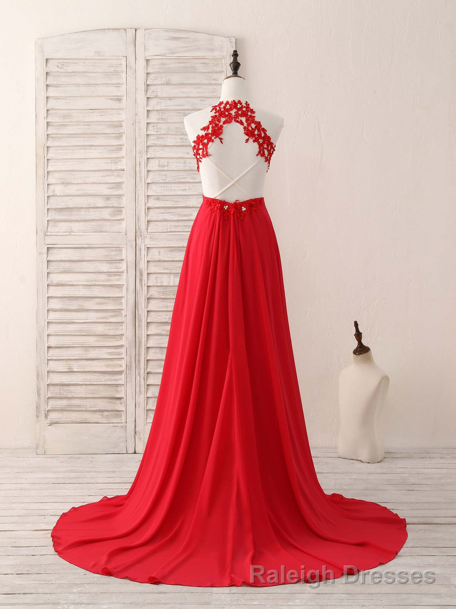 Red Hight Neck Chiffon Lace Applique Long Prom Dress, Red Formal Dress