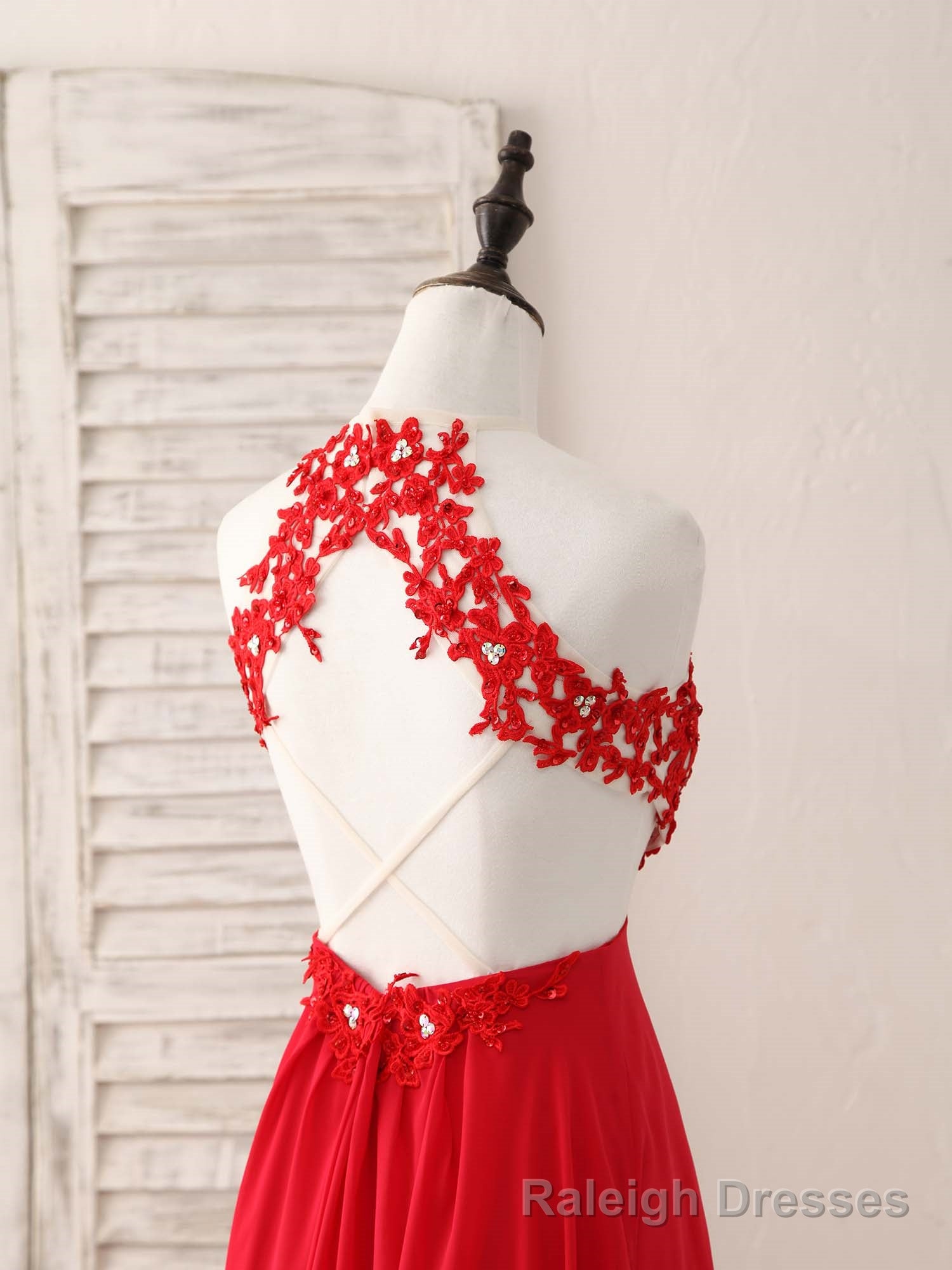 Red Hight Neck Chiffon Lace Applique Long Prom Dress, Red Formal Dress