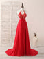 Red Hight Neck Chiffon Lace Applique Long Prom Dress, Red Formal Dress