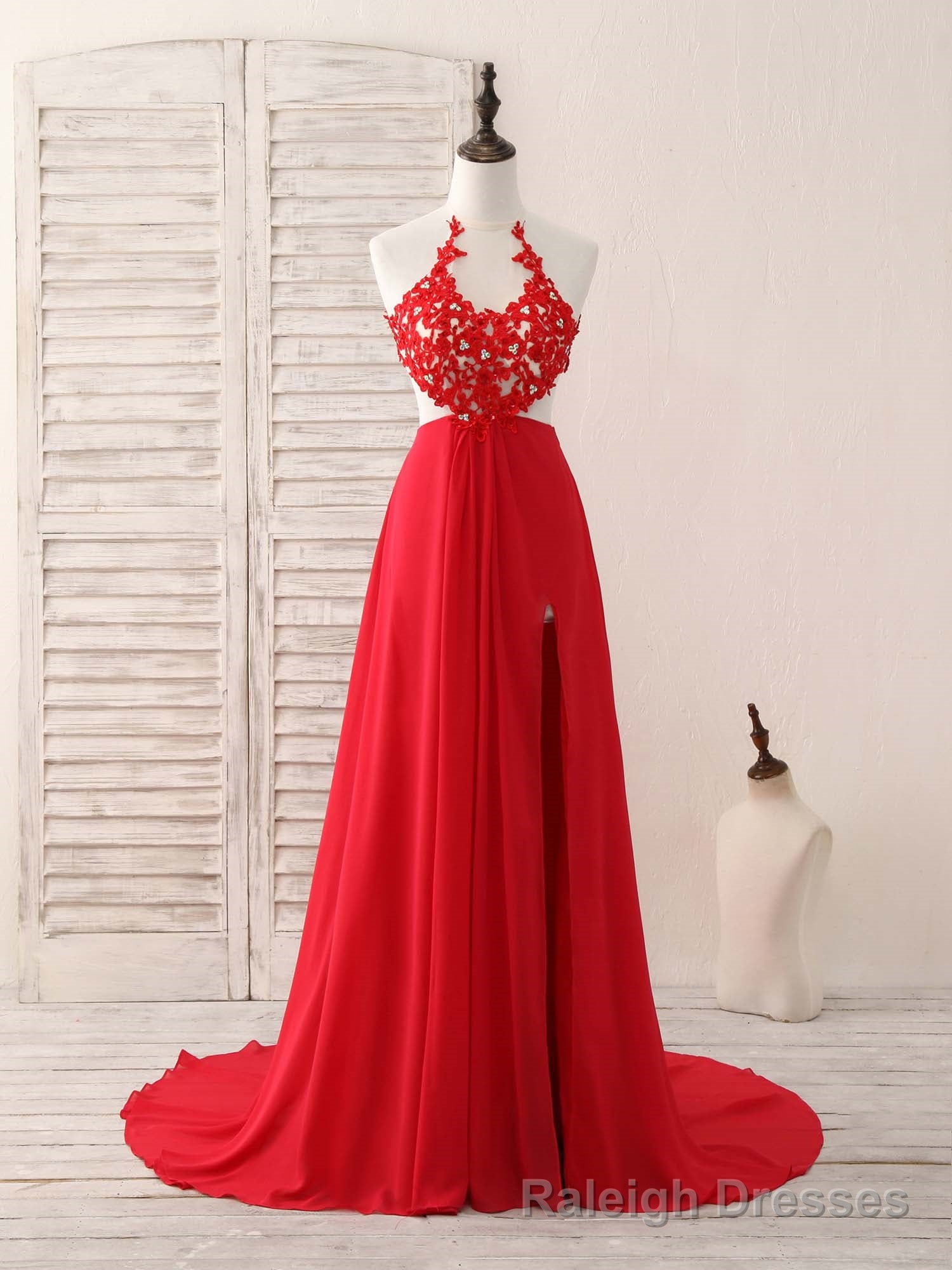 Red Hight Neck Chiffon Lace Applique Long Prom Dress, Red Formal Dress Main image