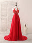 Red Hight Neck Chiffon Lace Applique Long Prom Dress, Red Formal Dress