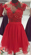 Red Homecoming Dress With Lace Appliques Beaded High Collar Graduation Prom Gown