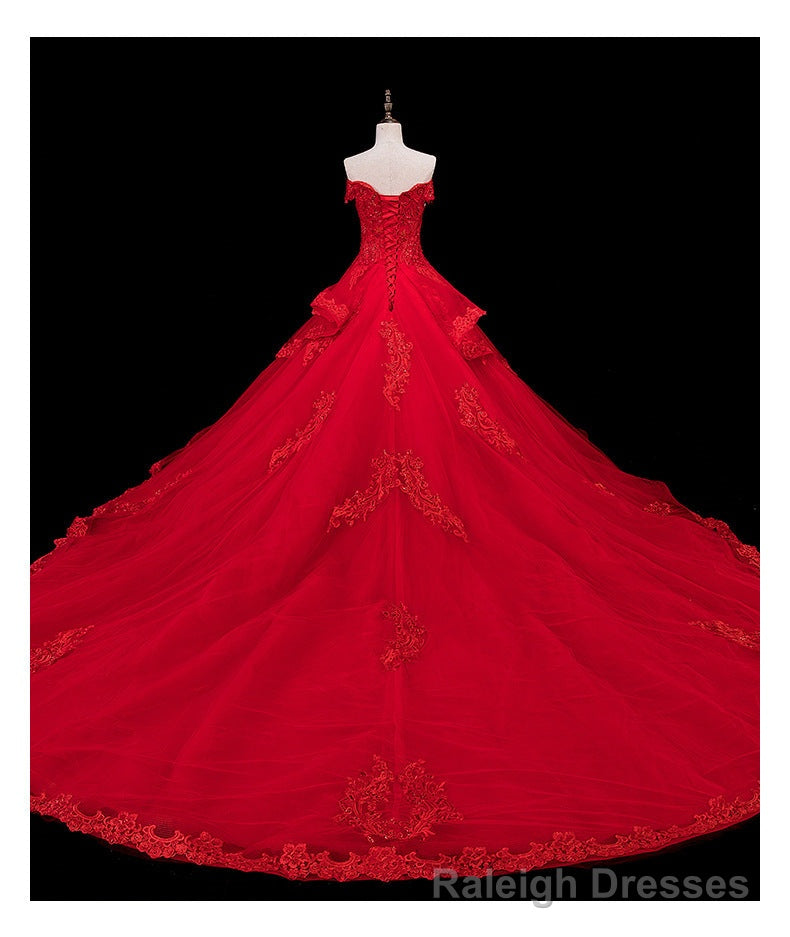 Red Lace and Tulle Gorgeous Off Shoulder Princess Sweet 16 Dress, Red Formal Gown