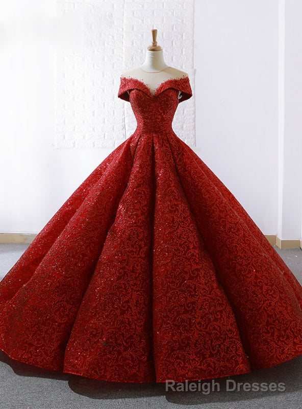 Red Lace Ball Gowns See Through Neck Cap Sleeve Wedding Dress