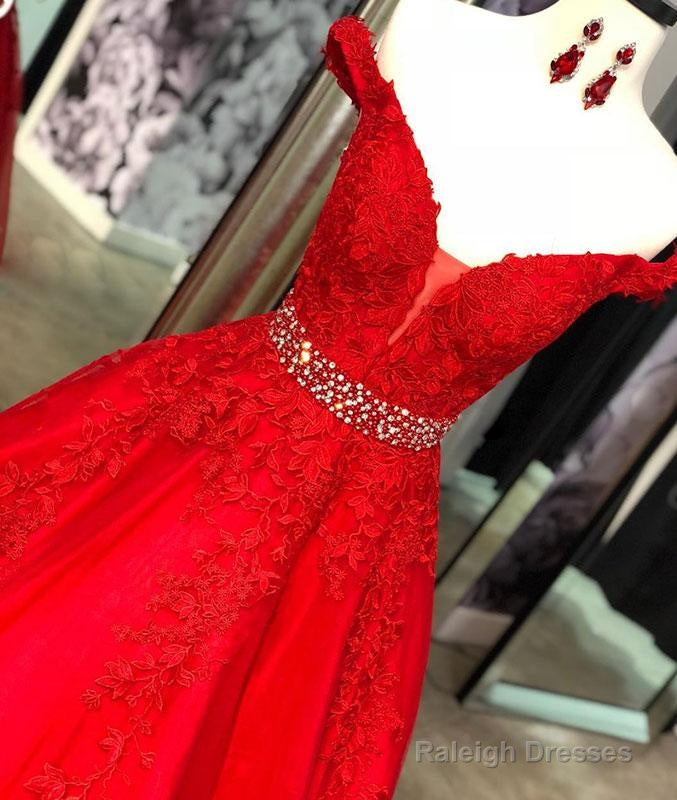 Red Lace Prom Dress Tulle Off Shoulder Long Beaded Prom Dresses