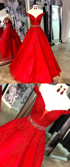 Red Lace Prom Dress Tulle Off Shoulder Long Beaded Prom Dresses