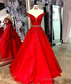 Red Lace Prom Dress Tulle Off Shoulder Long Beaded Prom Dresses