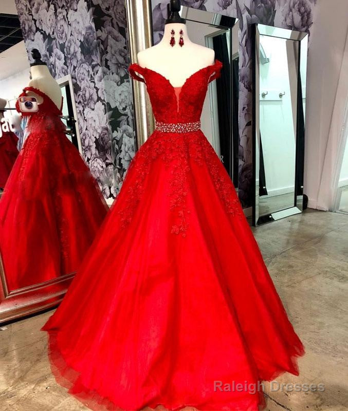 Red Lace Prom Dress Tulle Off Shoulder Long Beaded Prom Dresses