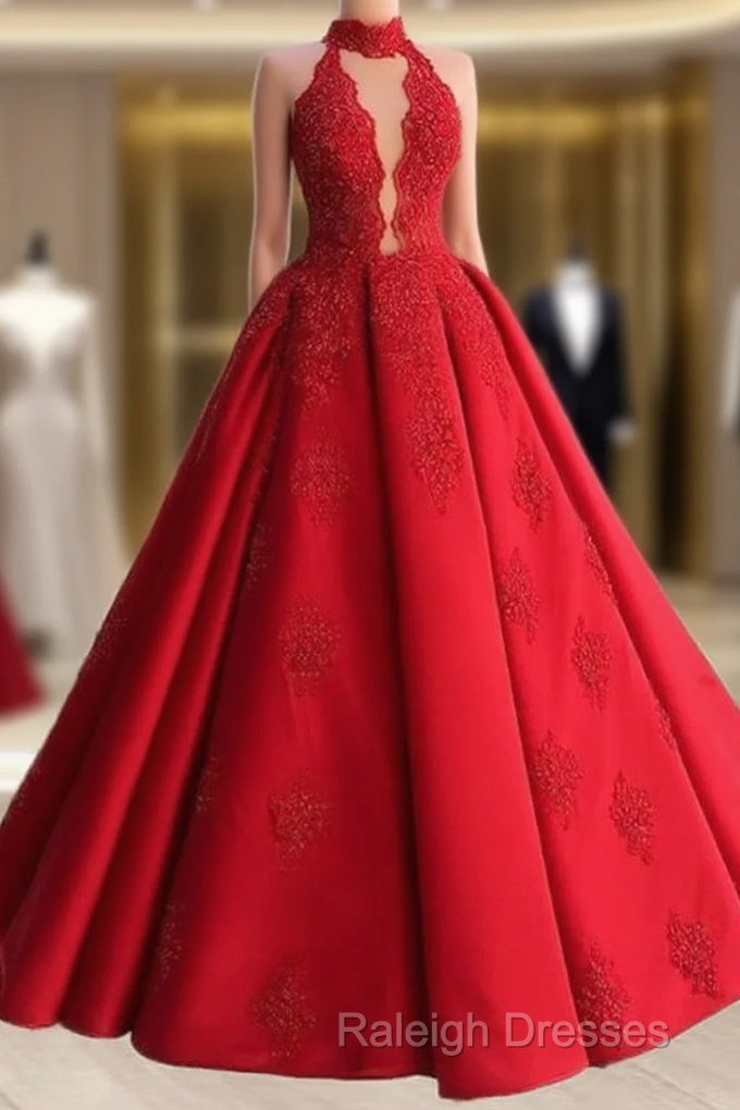 Red Lace Halter Ball Gown Satin Dress Main image