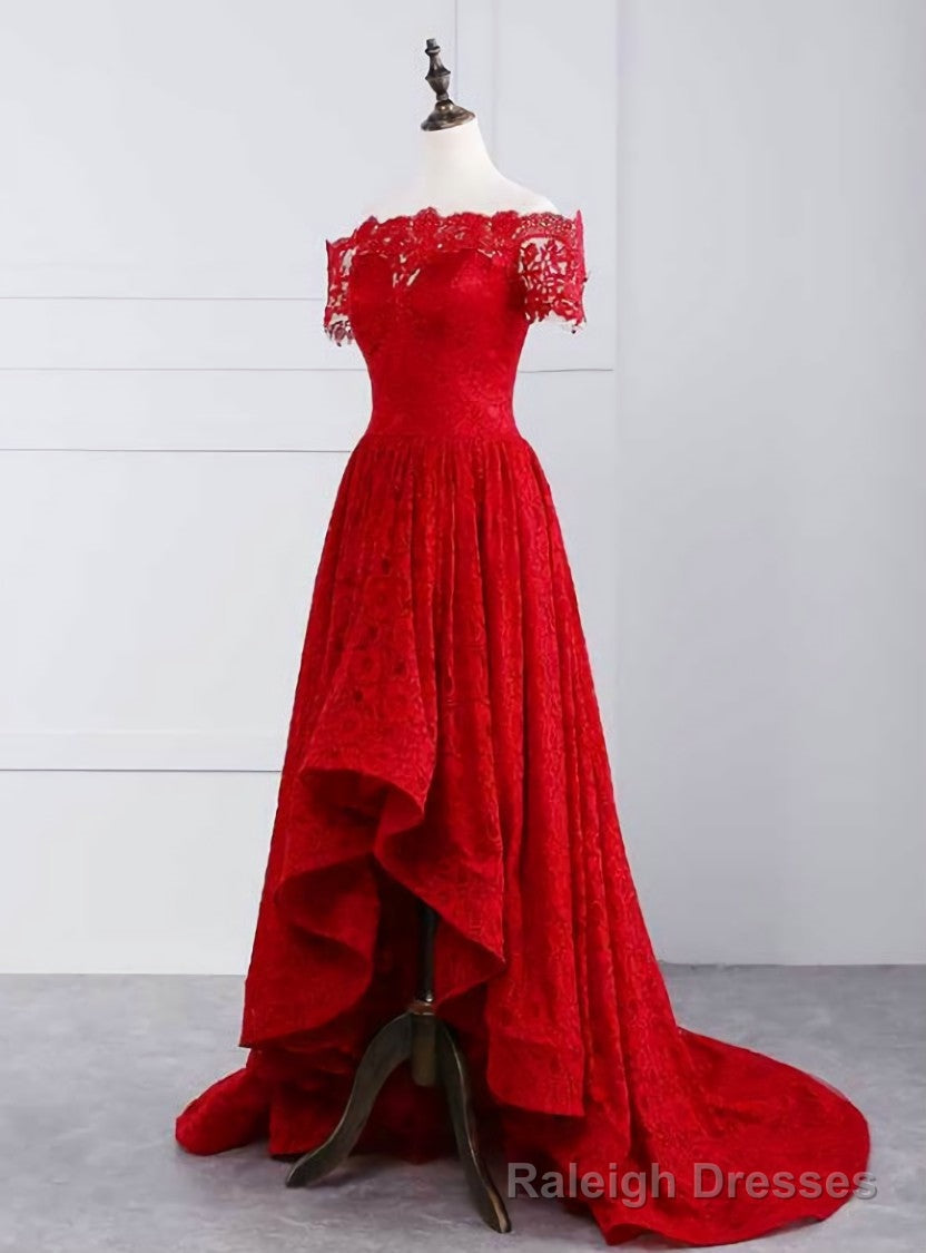 Red Lace Off The Shoulder Short Sleeve Prom Dress Main image
