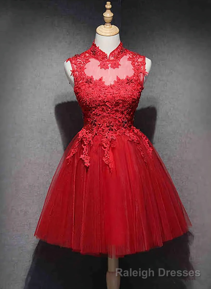 Red Lace High Neckline Tulle Short Homecoming Dress Party Dress, Red Formal Dresses Secondary image