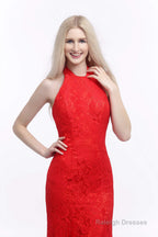 Red Lace Mermaid Halter Backless Long Prom Dresses