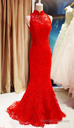 Red Lace Mermaid Long Formal Gowns, Red Bridesmaid Dress