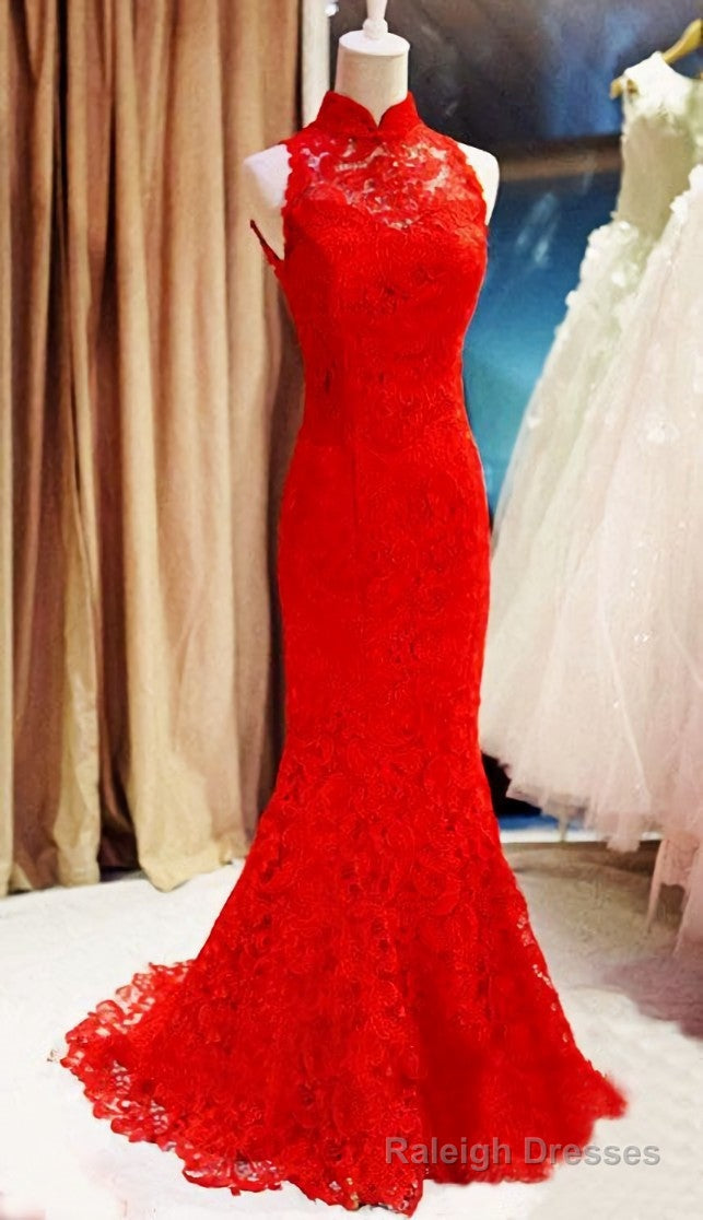 Red Lace Mermaid Long Formal Gowns, Red Bridesmaid Dress
