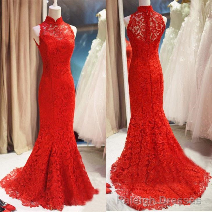 Red Lace Mermaid Long Formal Gown, Red Bridesmaid Dress Main image