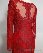 Red Lace Mermaid Long Sleeves Evening Gown, Red Lace Wedding Party Dress