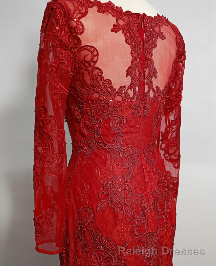 Red Lace Mermaid Long Sleeves Evening Gown, Red Lace Wedding Party Dress