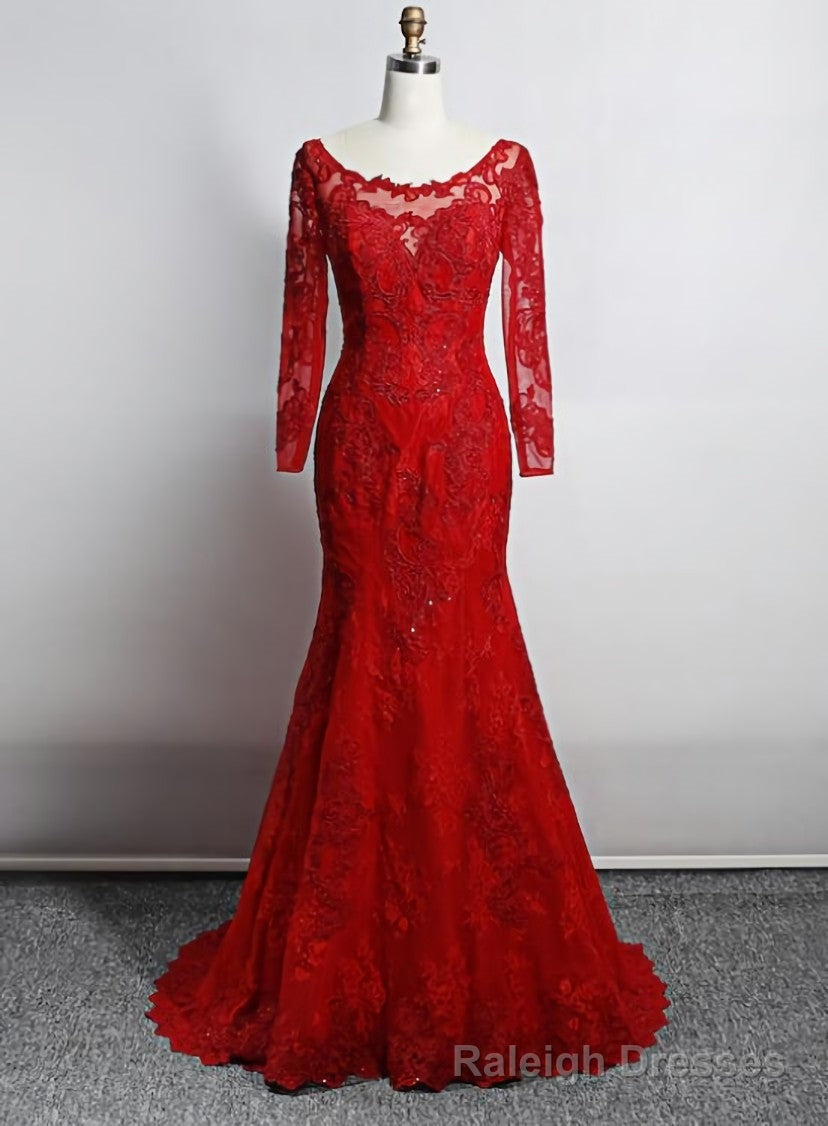 Red Lace Mermaid Long Sleeves Evening Gown, Red Lace Wedding Party Dress Main image