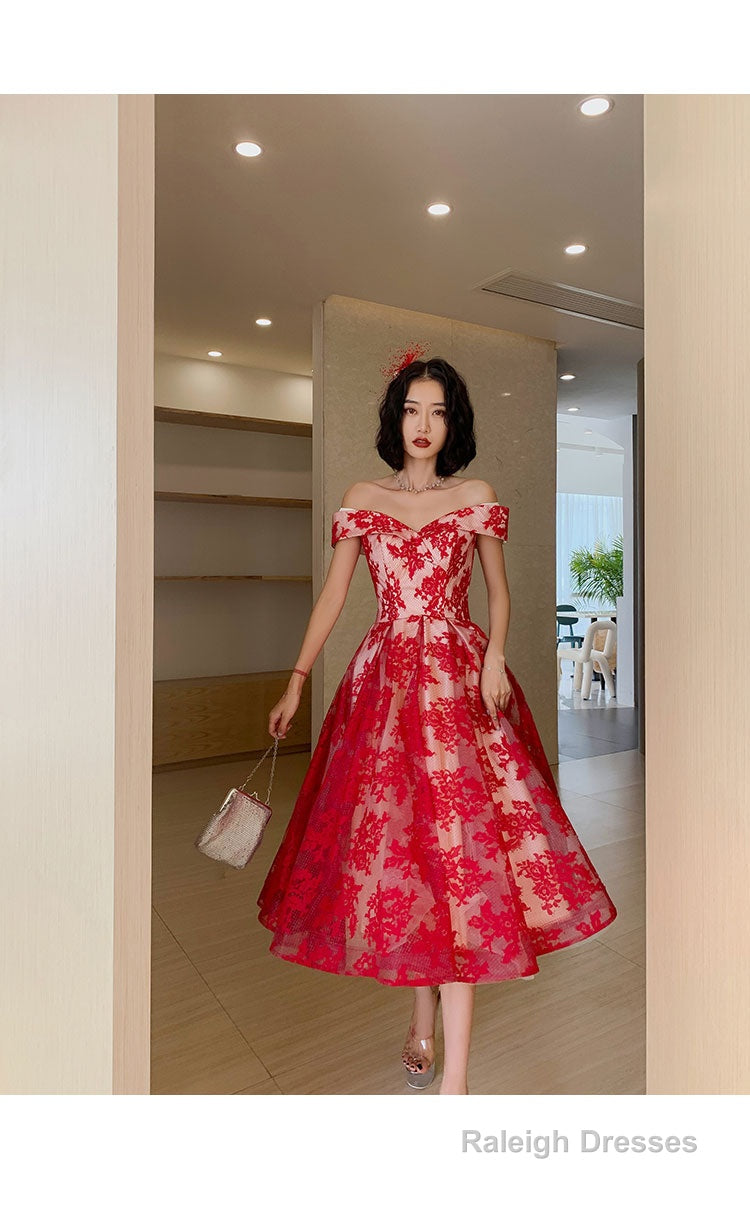 Red Lace Off Shoulder Tea Length Bridesmaid Dresses Lace Prom Dresseses Secondary image