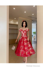 Red Lace Off Shoulder Tea Length Bridesmaid Dresses Lace Prom Dresseses