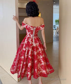 Red Lace Off Shoulder Tea Length Bridesmaid Dresses Lace Prom Dresseses