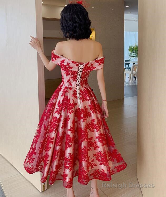 Red Lace Off Shoulder Tea Length Bridesmaid Dresses Lace Prom Dresseses