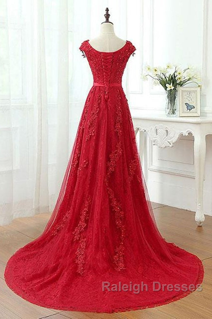 Red Lace Prom Dresses Cap Sleeves Prom Dresseses Dance Dress