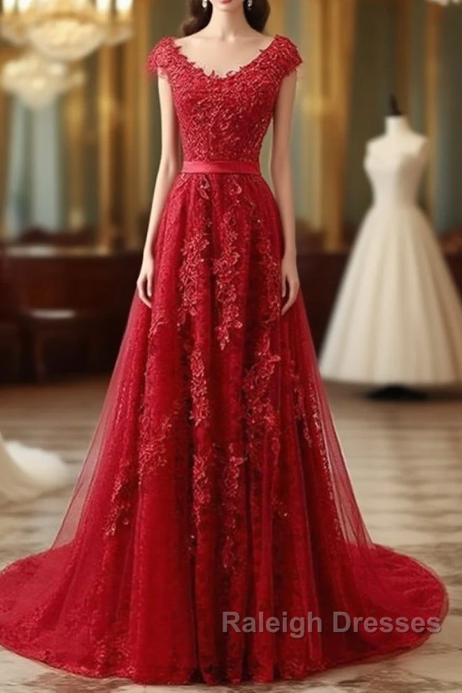 Red Lace Prom Dress Cap Sleeves Formal Dress, Evening Dress, Dance Dresses Main image