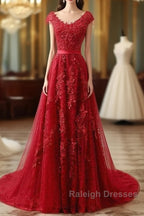 Red Lace Prom Dresses Cap Sleeves Prom Dresseses Dance Dress