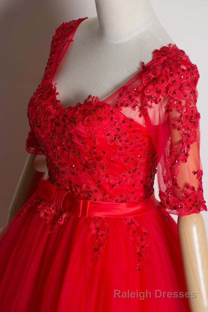 Red Lace Short Sleeves Tulle Knee Length Prom Dresses, Red Short Formal Dresses