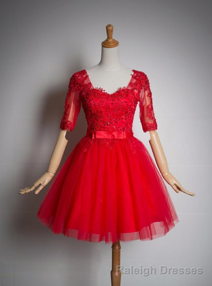 Red Lace Short Sleeves Tulle Knee Length Party Dresses, Red Short Formal Dresses Secondary image