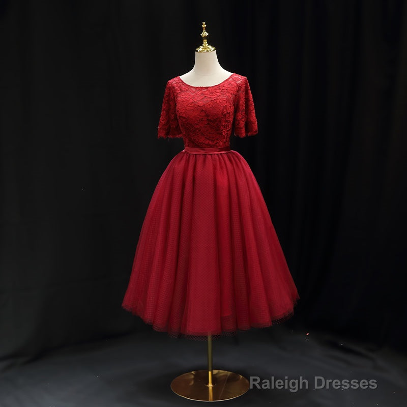 Red Lace Top Short Sleeves Tulle Tea Length Party Dress, Red Wedding Party Dress Secondary image