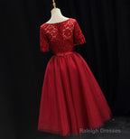 Red Lace Top Short Sleeves Tulle Tea Length Prom Dresses Red Wedding Prom Dresses