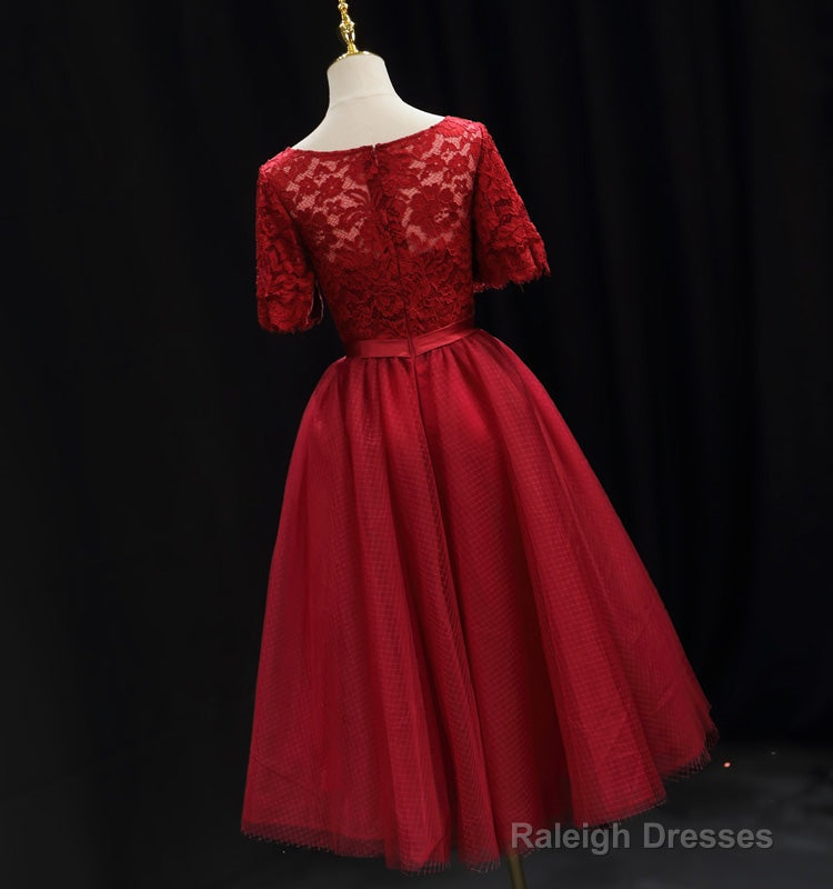 Red Lace Top Short Sleeves Tulle Tea Length Prom Dresses Red Wedding Prom Dresses