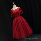 Red Lace Top Short Sleeves Tulle Tea Length Prom Dresses Red Wedding Prom Dresses