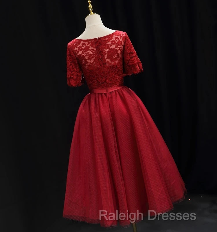 Red Lace Top Short Sleeves Tulle Tea Length Prom Dresses Red Wedding Prom Dresses Homecoming Dresses