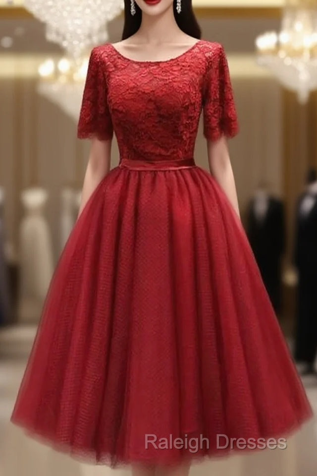 Red Lace Top Short Sleeves Tulle Tea Length Prom Dresses Red Wedding Prom Dresses Homecoming Dresses