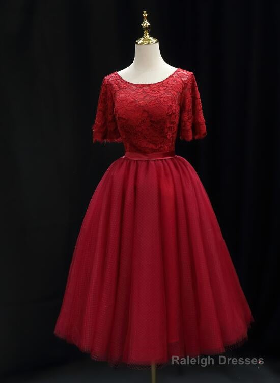 Red Lace Top Short Sleeves Tulle Tea Length Prom Dresses Red Wedding Prom Dresses Main image