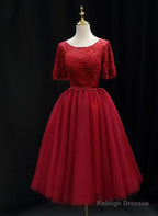 Red Lace Top Short Sleeves Tulle Tea Length Prom Dresses Red Wedding Prom Dresses