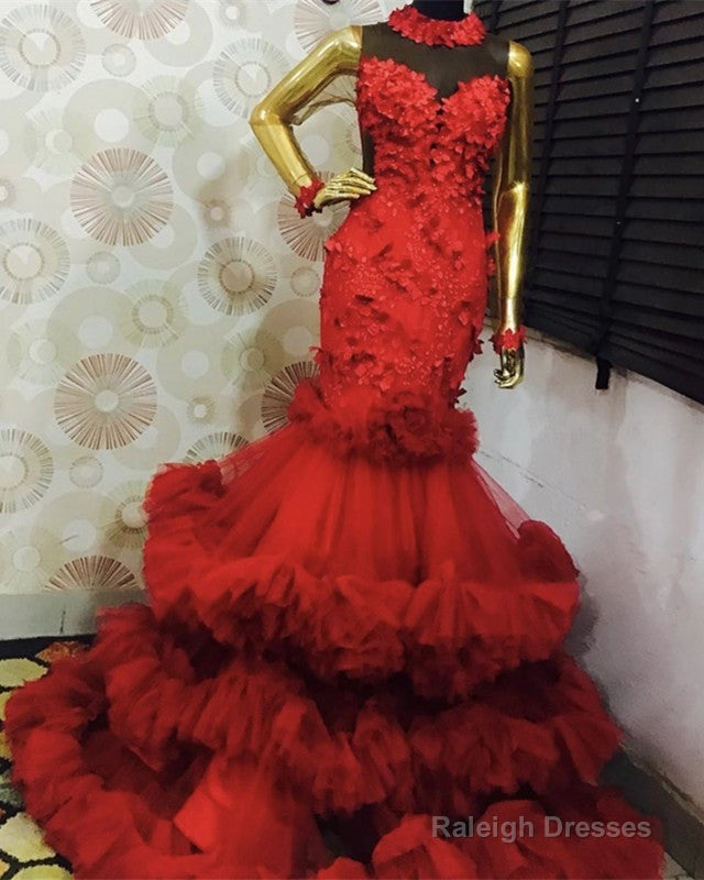 Red Layered Appliques Mermaid Prom Dress