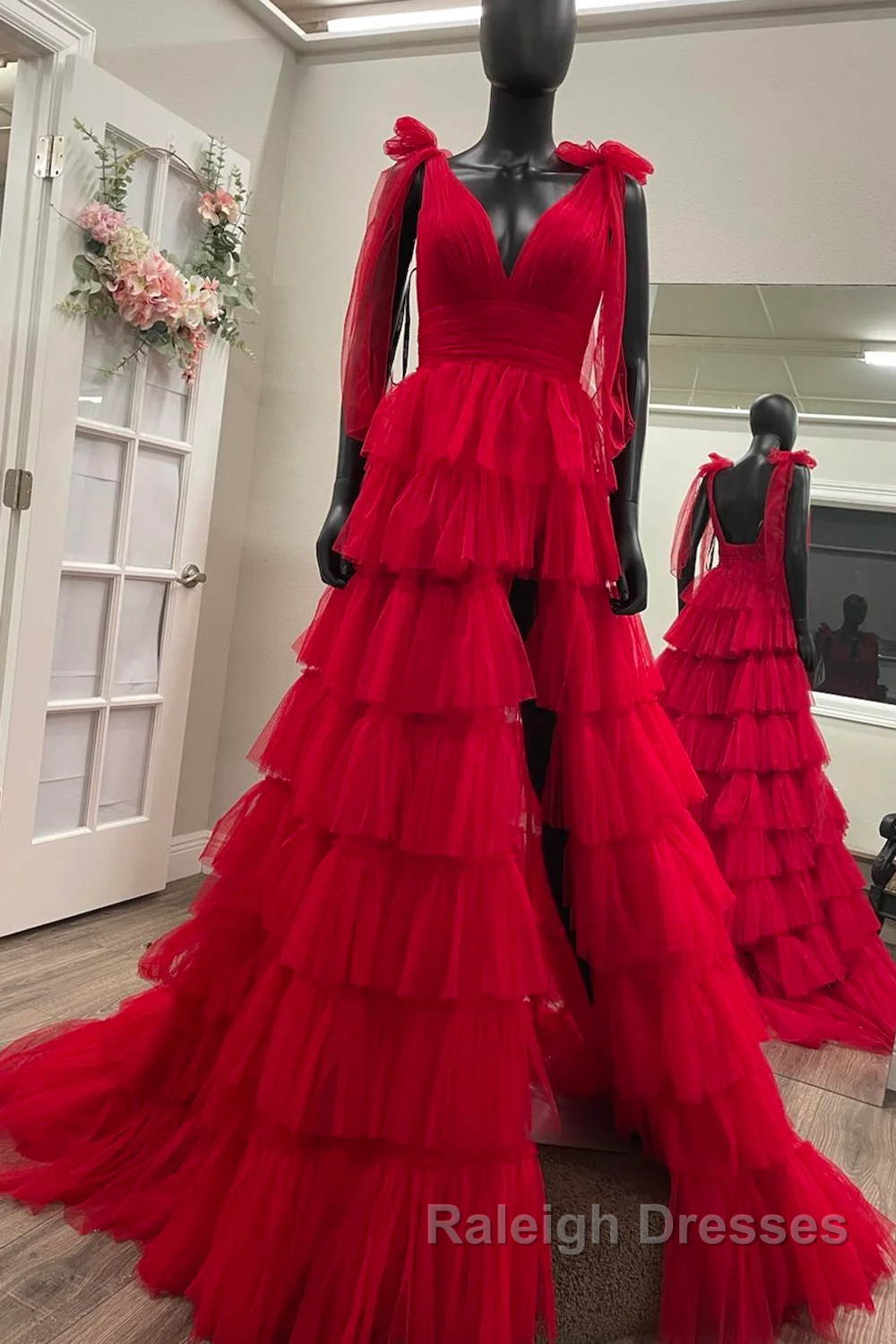 Red Prom Dresses Long Princess A Line V Neck Prom Dresses with Ruffles Secondary image