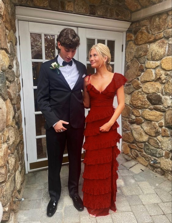 Long Red Prom Dress Lace Prom Dresses With Slit