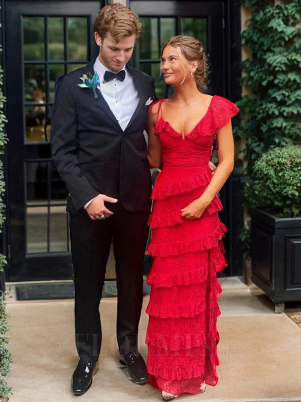 Long Red Prom Dress Lace Prom Dresses With Slit