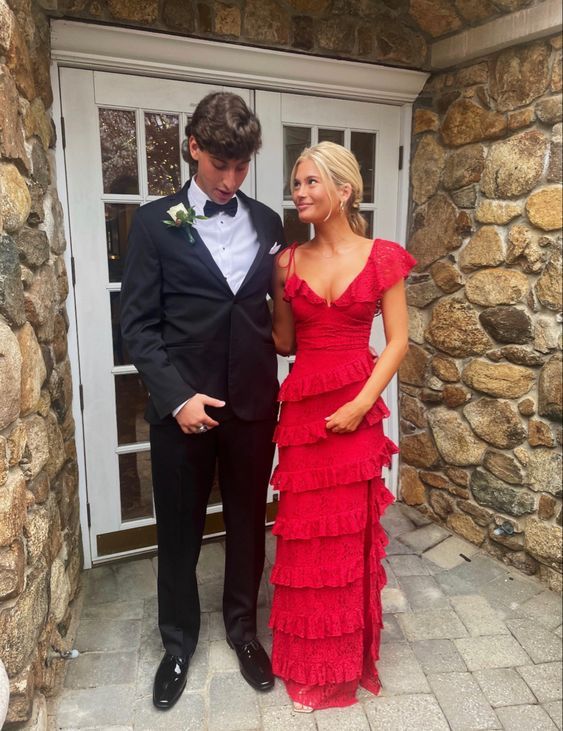 Long Red Prom Dress Lace Prom Dresses With Slit Main image