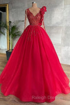 Red Long Sleeve V Neck Beading Flower Tulle Prom Dresses