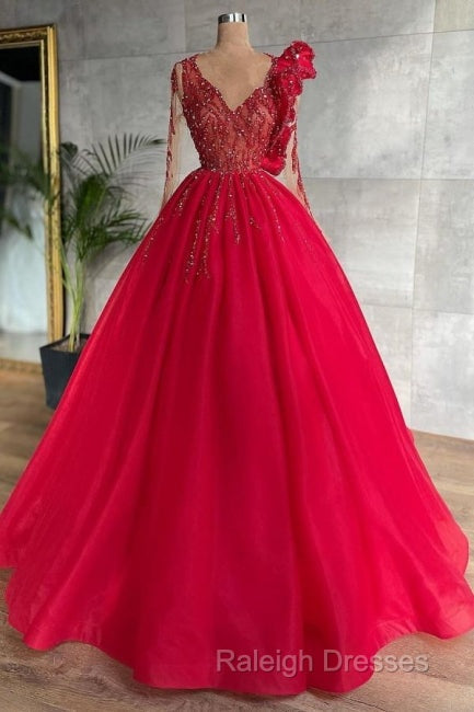 Red Long Sleeve V Neck Beading Flower Tulle Prom Dresses