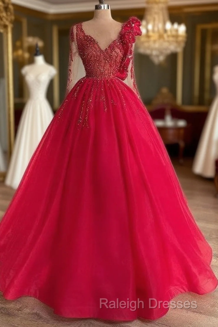 Red Long Sleeve V Neck Beading Flower Tulle Prom Formal Dress Main image