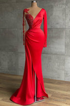Red Long Sleeve V Neck Mermaid Prom Dress Online With Beadings