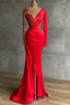 Red Long Sleeve V Neck Mermaid Prom Dress Online With Beadings