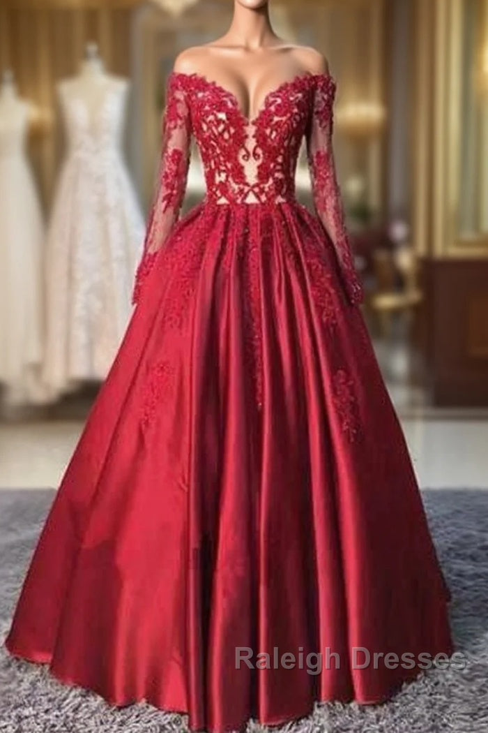 Red Long Sleeves Lace Long Prom Dress, Red Evening Dress
